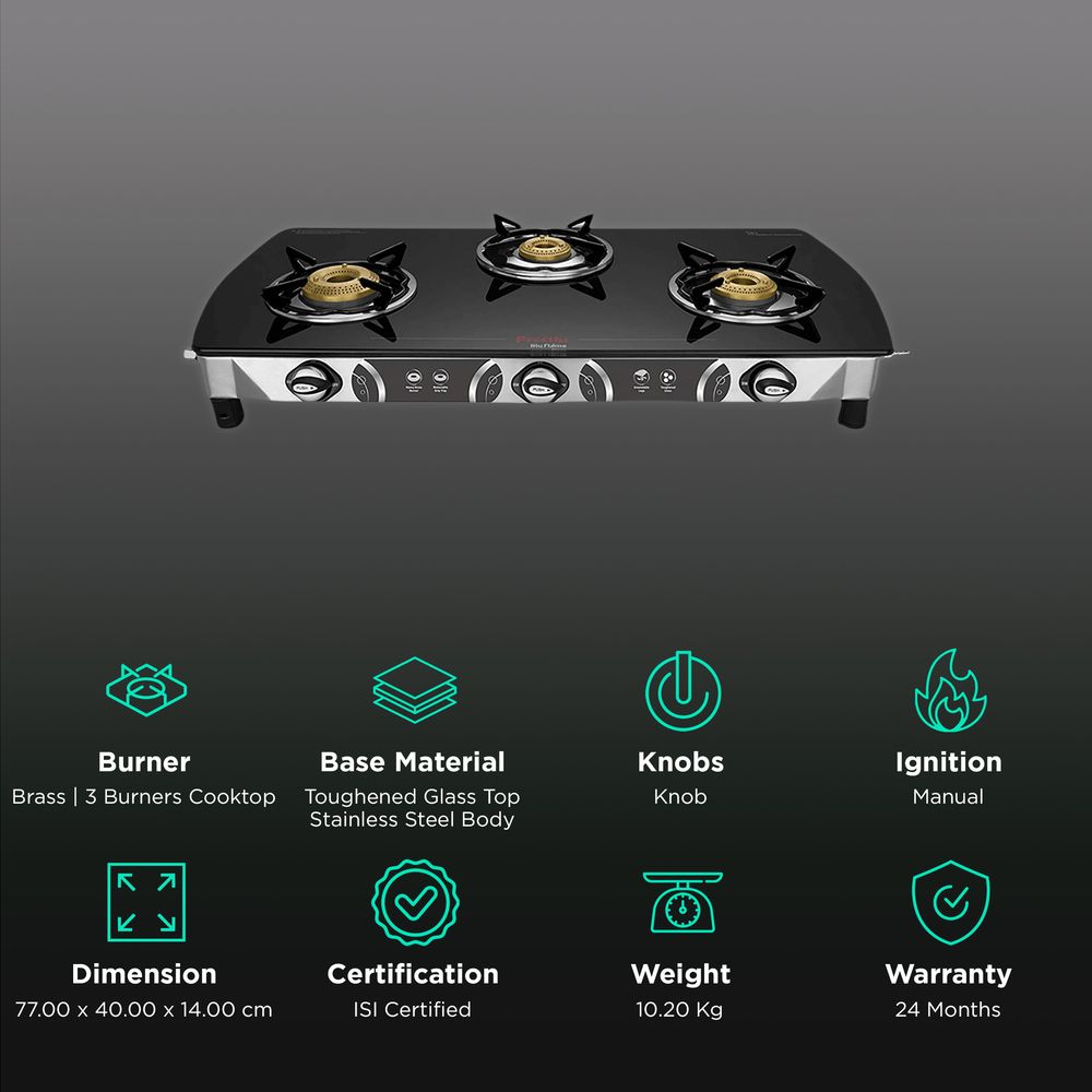 Buy Preethi Blue Flame Blaze Toughened Glass Top 3 Burner Manual Gas